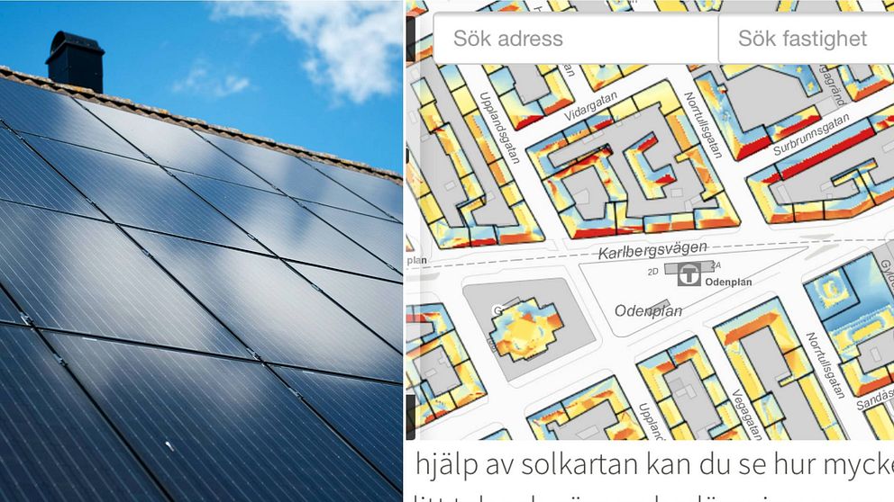 Delad bild: solceller på tak och en bild av solkartan som visar Odenplan.