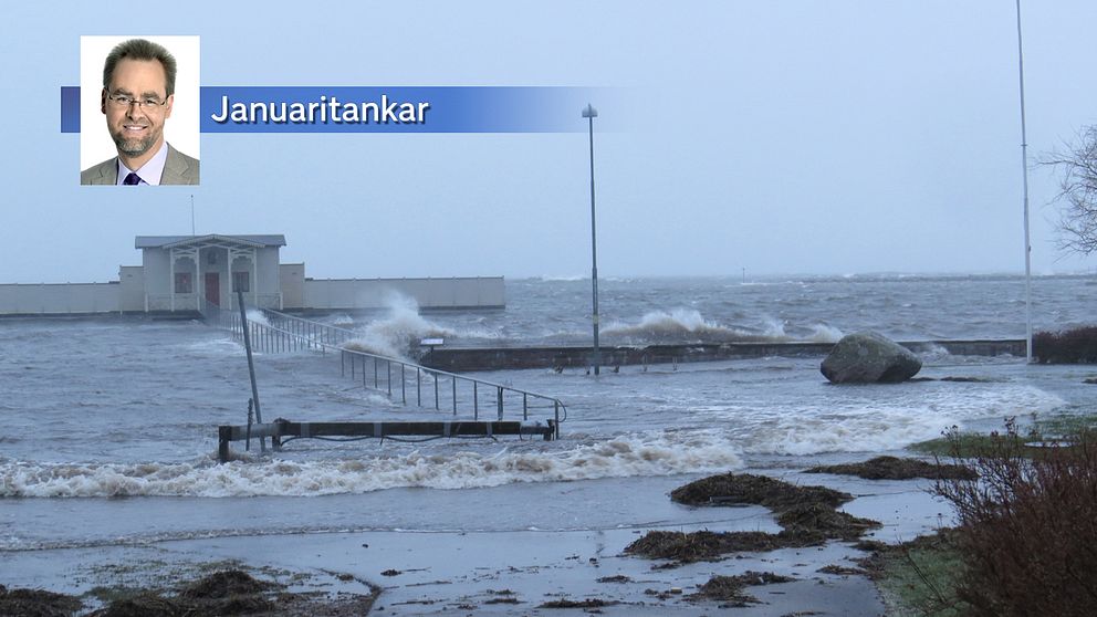 Hårda nordvindar och översvämning i Borgholm på Öland den 4 januari.