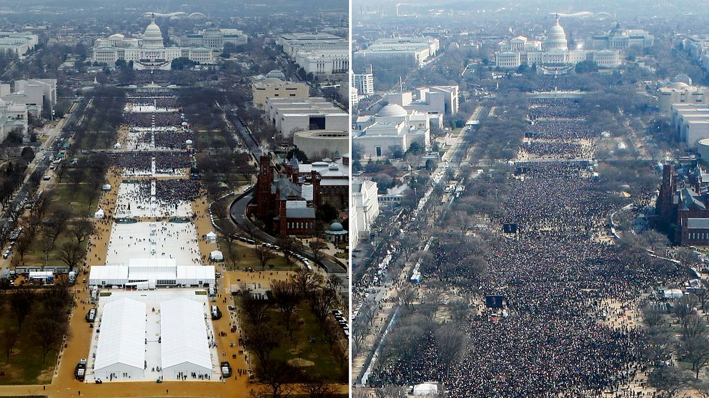 Bilen till vänster visar folkmassan som samlats för Trumps installationsceremoni i fredags, och bilden till höger togs då Obama svors in.