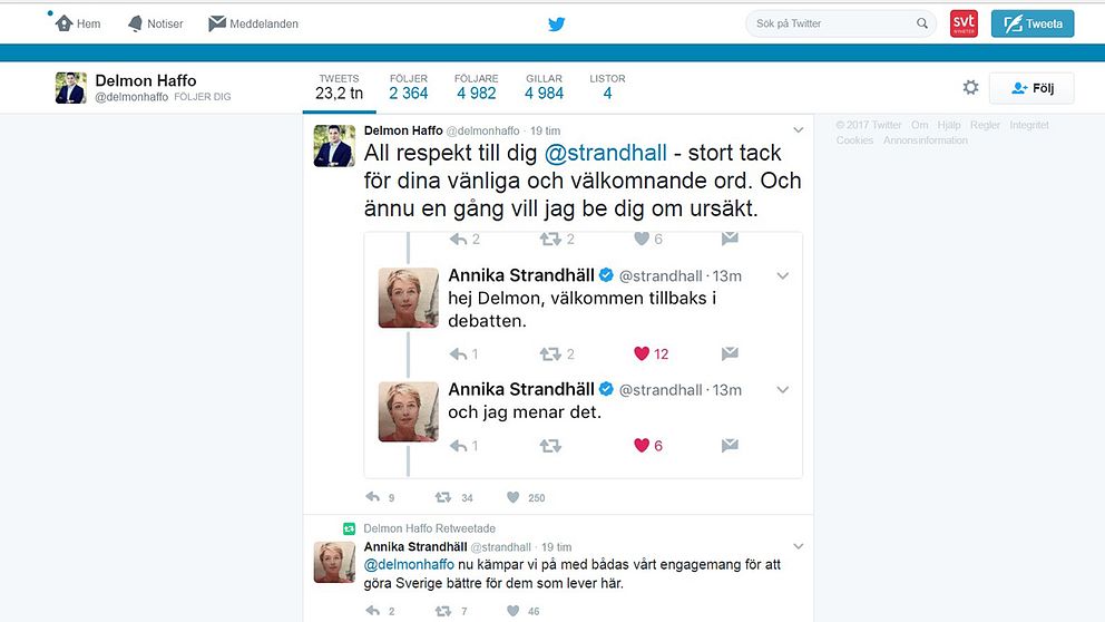 Skärmdump från Twitter Delmon Haffo