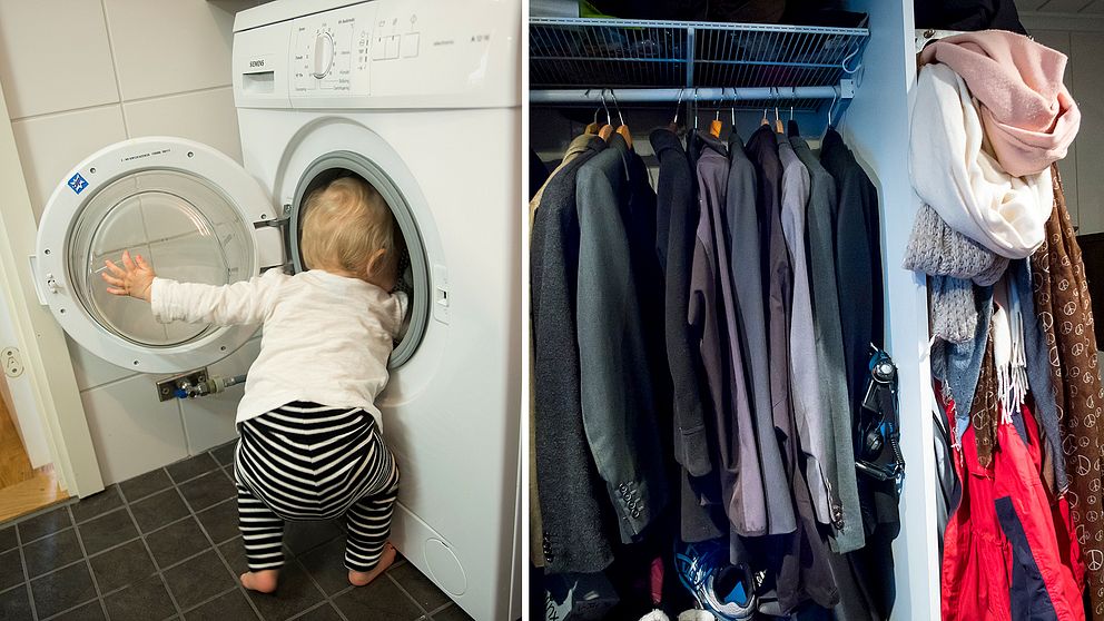 Ett barn står vid en tvättmaskin.