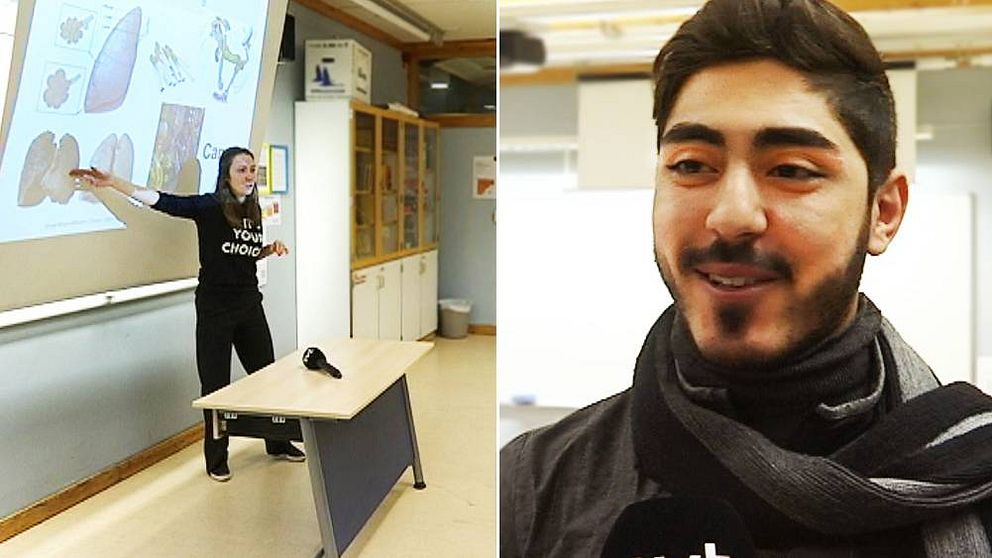 Bild på klassrum där läkarstudent står framför en tavla och elever. Och gymnasieeleven Osama Khalifa som tycker att antidrogkursen var mycket bra.