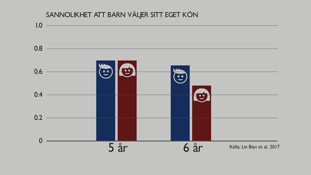 Två staplar som jämför killar och tjejers syn på vilket kön en smart person har.