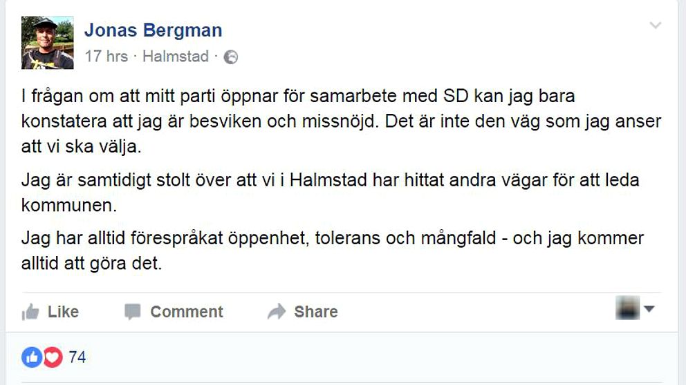 Jonas Bergman, kommunpolitiker (M) i Halmstads Facebook-inlägg.