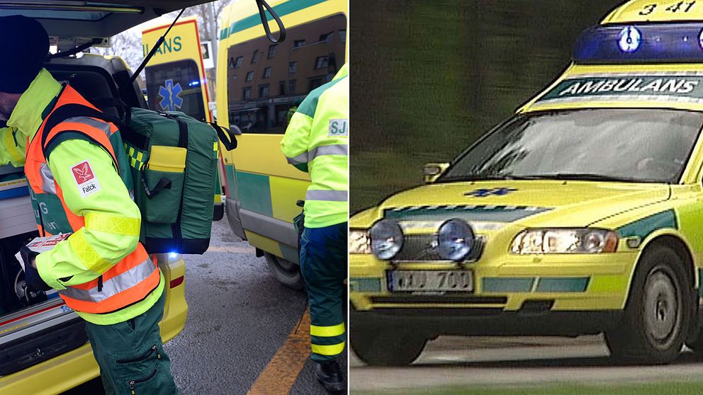 Ambulans och ambulanspersonal med akutväska