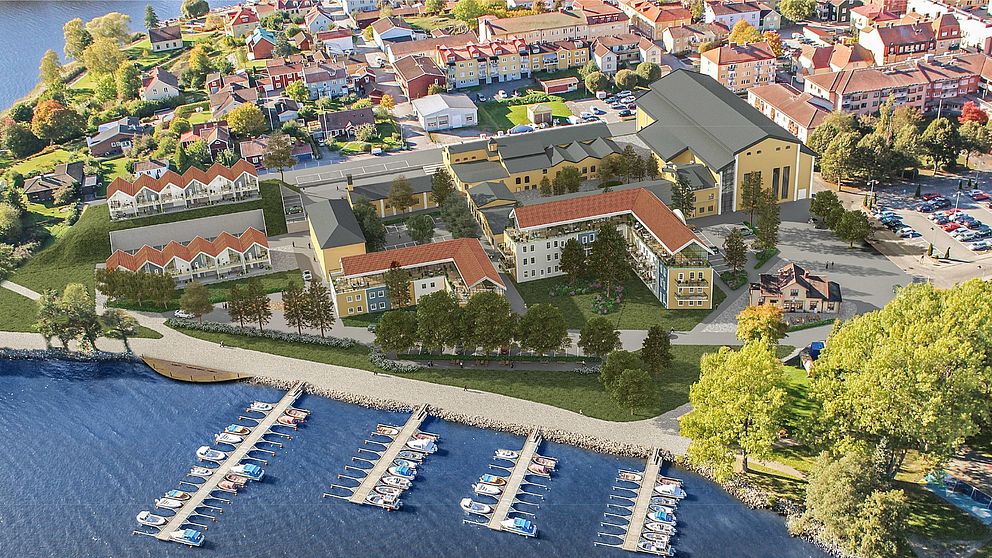 På den här bilden av framtidens Askersund finns en bad- och idrottshall inritad. Det är det stora gula huset med grått tak till höger i bild. Men frågan är om det någonsin kommer att byggas.