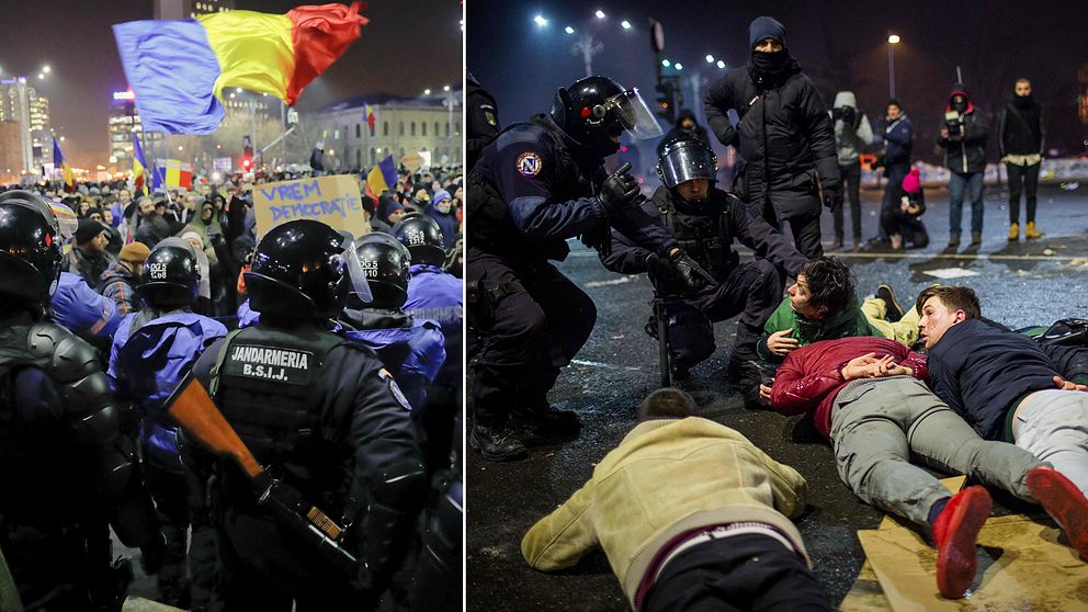 Rumänsk kravallpolis sattes in, bland annat i huvudstaden Bukarest, i samband med de omfattande protesterna.