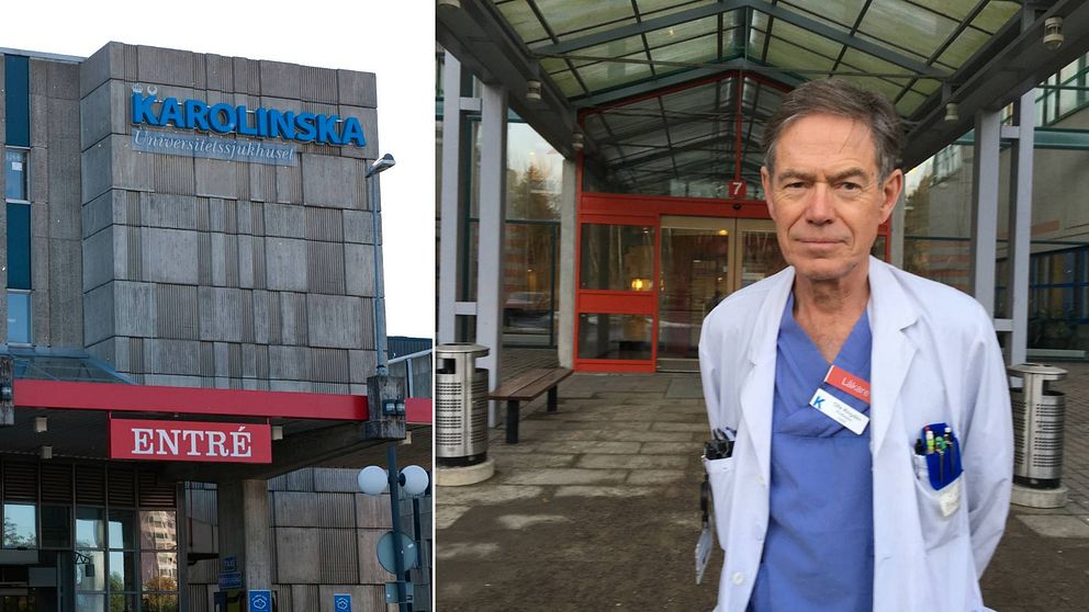 Delad bild, entrén till KS Huddinge och professor Olle Ringdén.