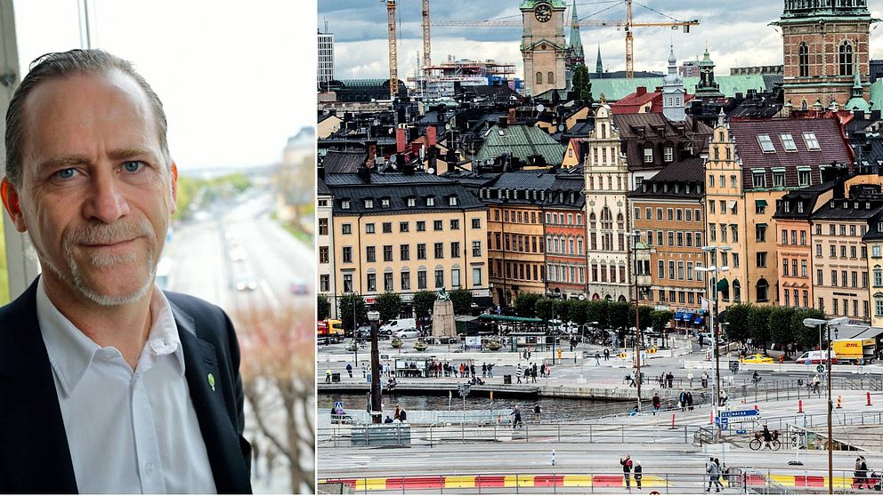 Delad bild, Daniel Helldén till vänster och vy över Gamla stan till höger. Man ser Kornhamnstorg, Storkyrkan och Tyska kyrkan och flera lyftkranar.