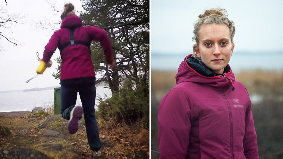 Fotomontage. Till vänster en bild på Hedvig när hon springer mot stranden med en räddningslina i handen. Till höger ett porträtt på Hedvig.