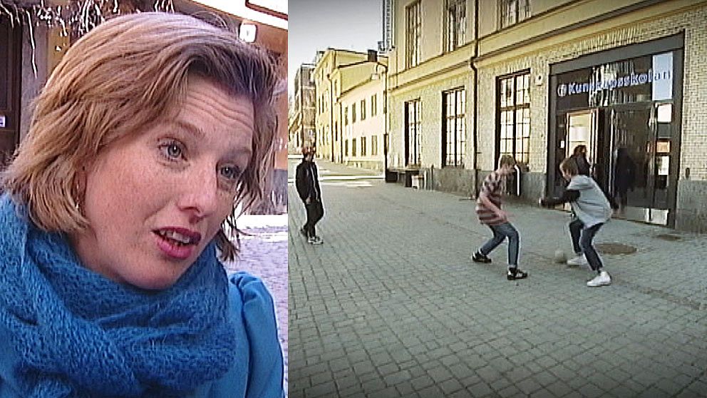 Ulrika Åkerlund, Boverket, och elever från Kunskapsskolan i Norrköping som spelar boll på sin obefintliga skolgård.