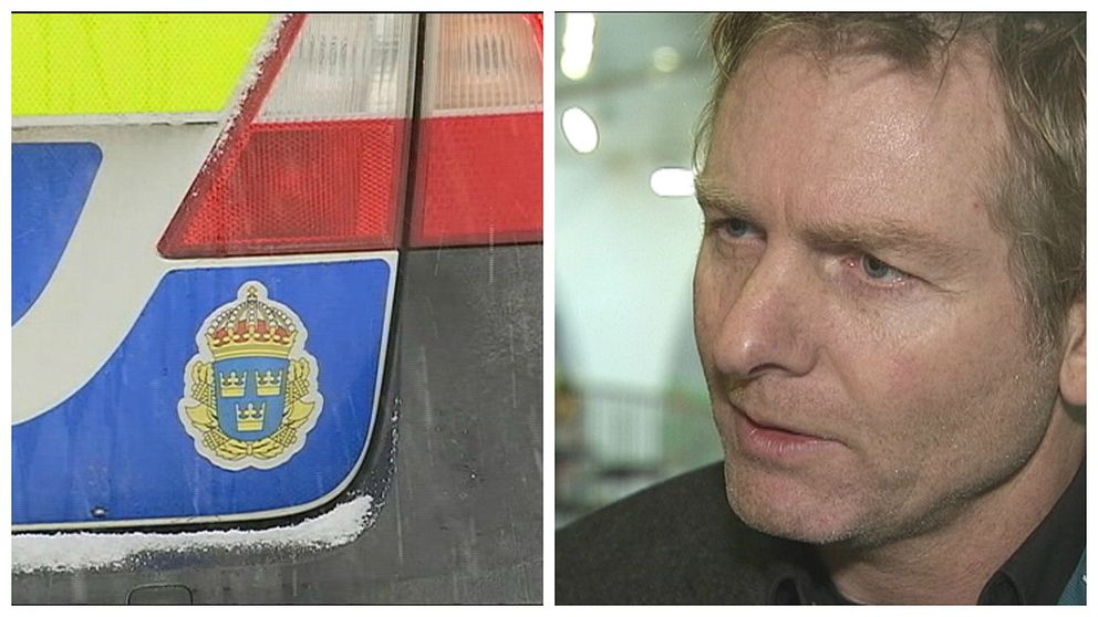 Baksidan av en polisbil med synligt logga till vänster och kriminalkommisarie Fredrik Gårdare till höger.