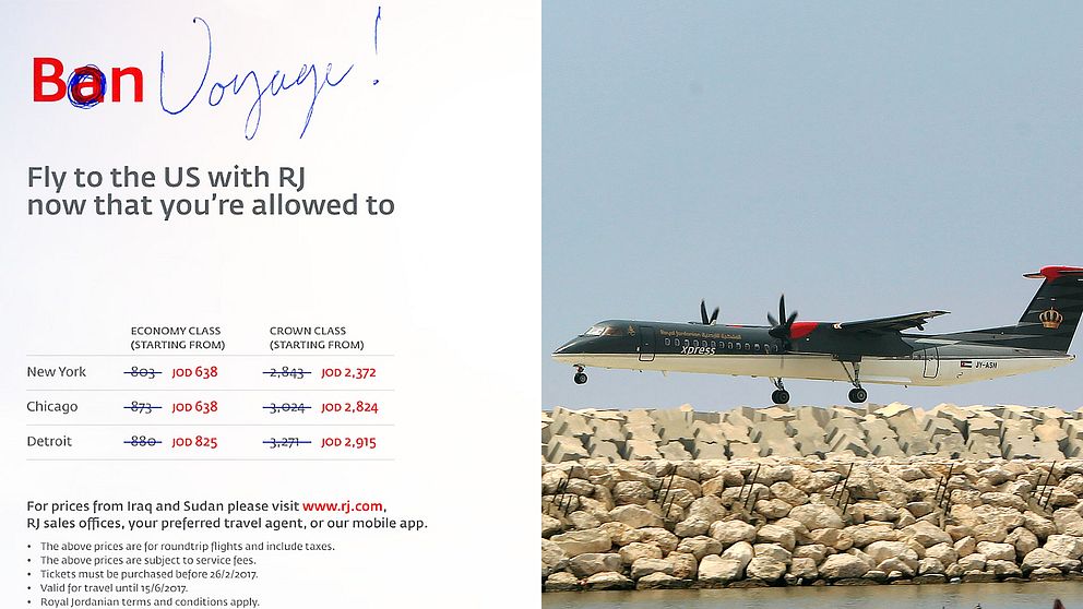 Royal Jordanian Airlines twittrar skämtsamt om att passa på att resa till USA medan inreseförbudet är hävt.
