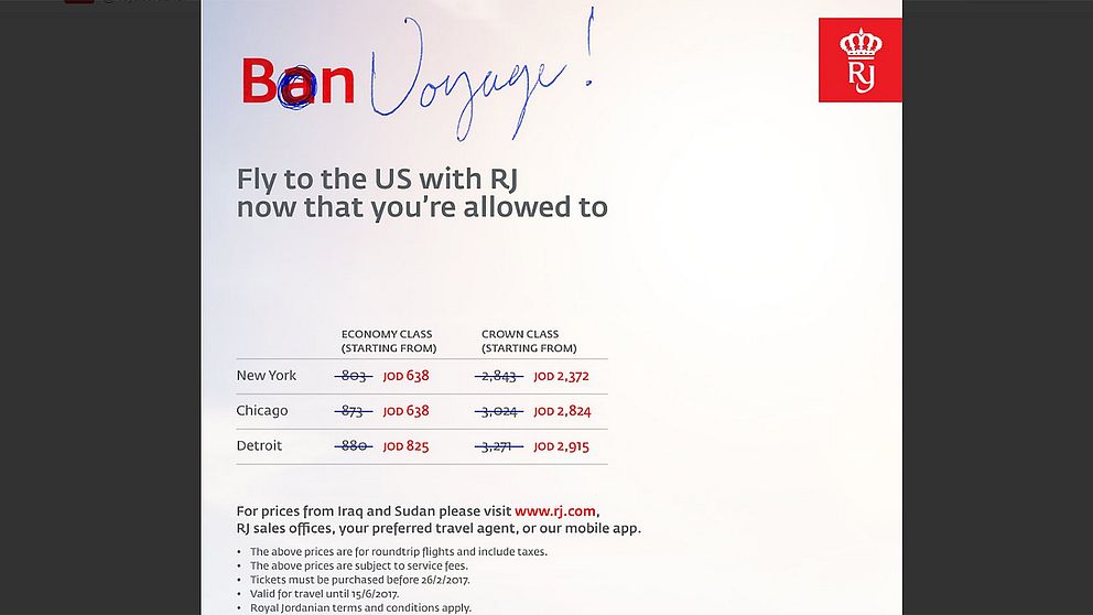 Royal Jordanian twittrar om att flyga till USA ”nu när du får”.