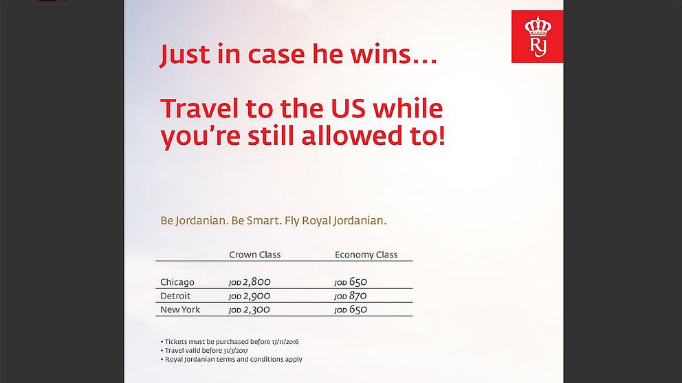Royal Jordanian twittrar om att flyga till USA ”medan du ännu får”.