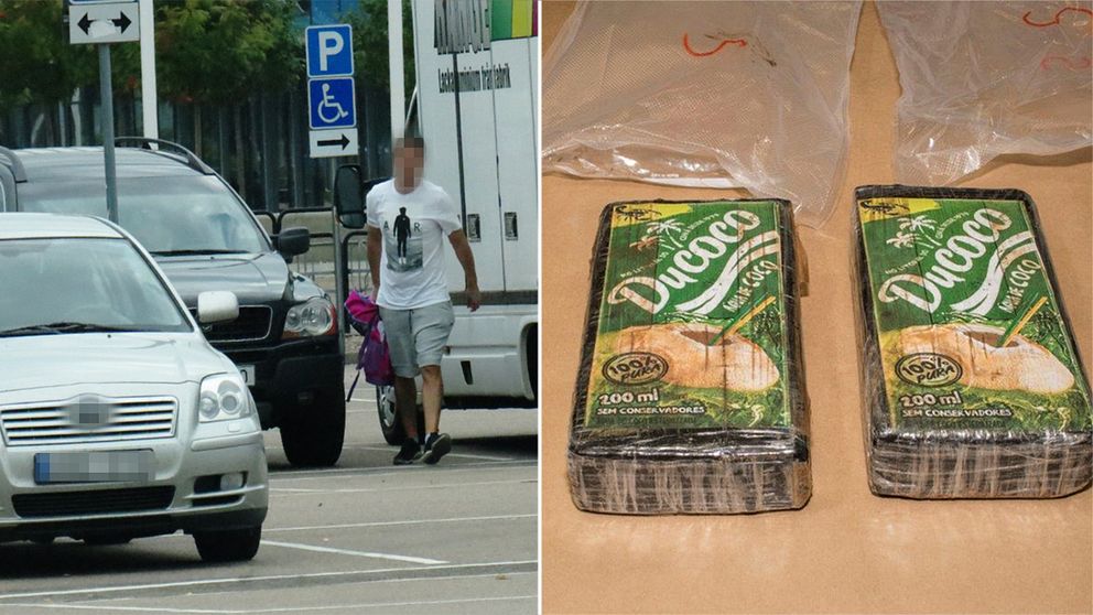Här ses 44-åringen strax efter överlämnandet av två kilo kokain i Halmstad. Två paket med kokain.