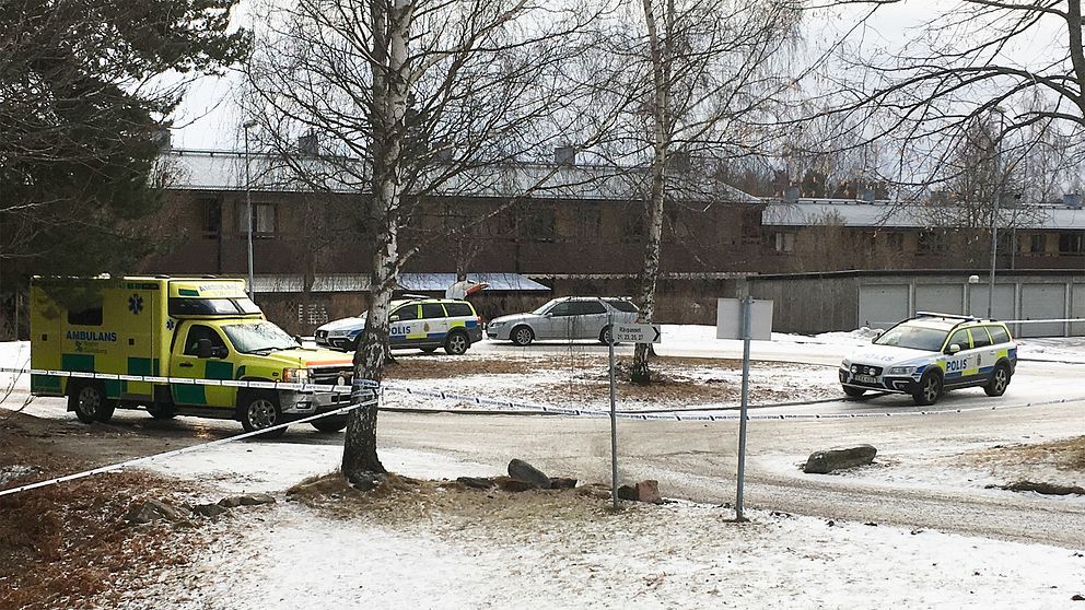 polisbilar vid vändplan, lite snö på marken