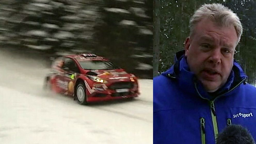 Rallybil på sträcka och SVT:s expertkommentator Jonas Kruse