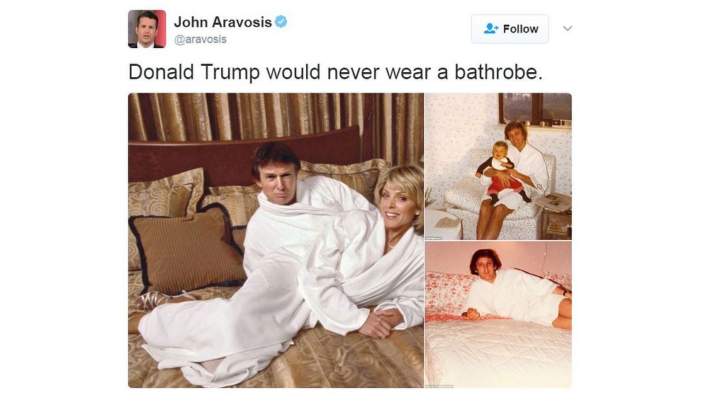 Skribenten John Aravosis twittrar bilder på Trump iklädd badrock