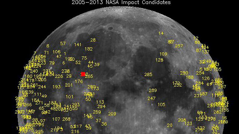 Meteoritnedslag på månen registrerade av NASA. Den röda fyrkanten markerar var 40-kilosstenen slog ned.