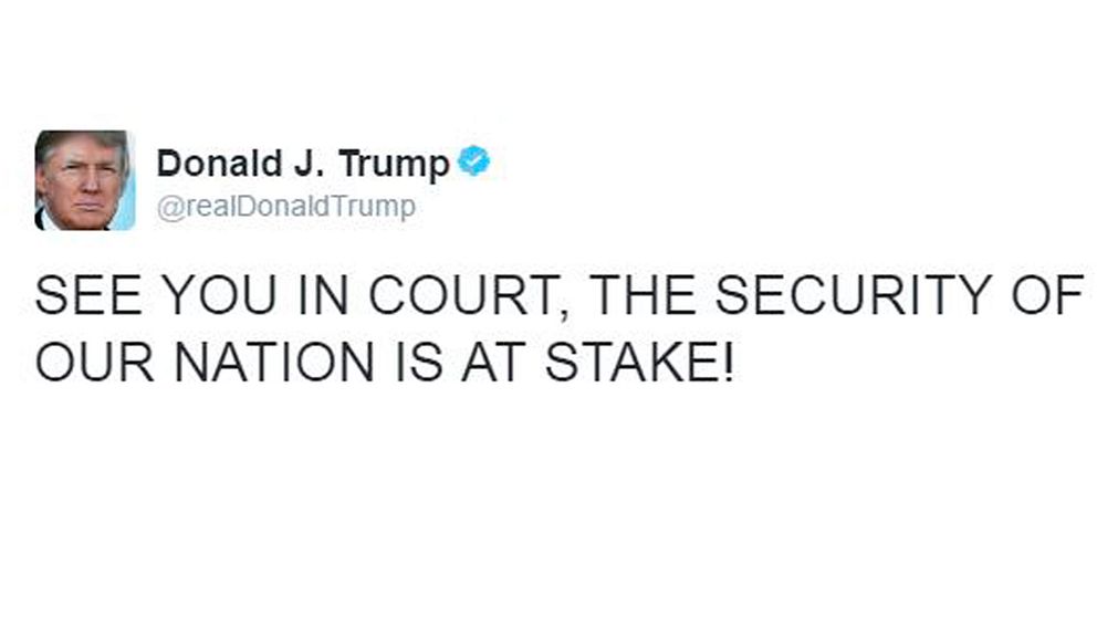 ”VI SES I RÄTTEN” Twittrar USA:s president Donald Trump efter att appelationsdomstolen satt stopp för hans inreseförbud.