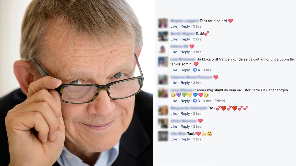 fotomontage. Till vänster ett porträtt på Hans Rosling. Till höger en skrämdump från facebook där texten hyllas.