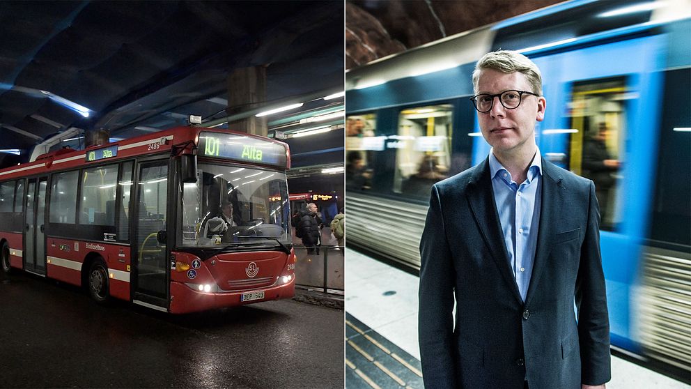 SL-buss och Kristoffer Tamsons (M) framför tunnelbanetåg.