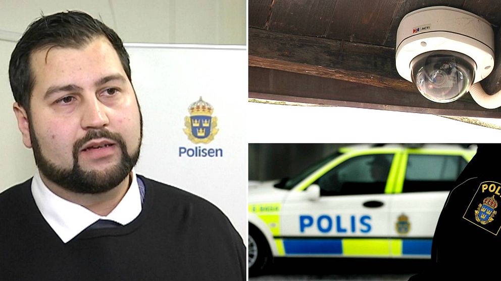 Övervakningskamer, polisbil och Joakim Söderström