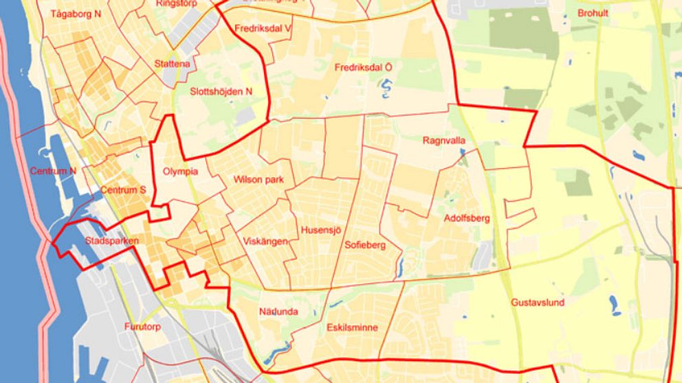 Karta över gränserna för Helsingborgs mellersta valkrets.