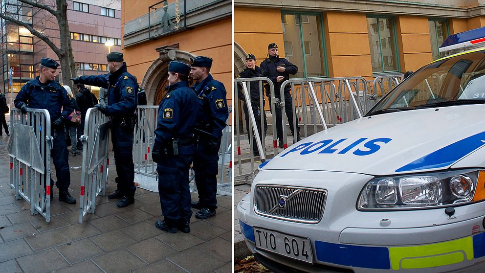 Poliser utanför tingsrätten under rättegången mot Södertäljenätverket.