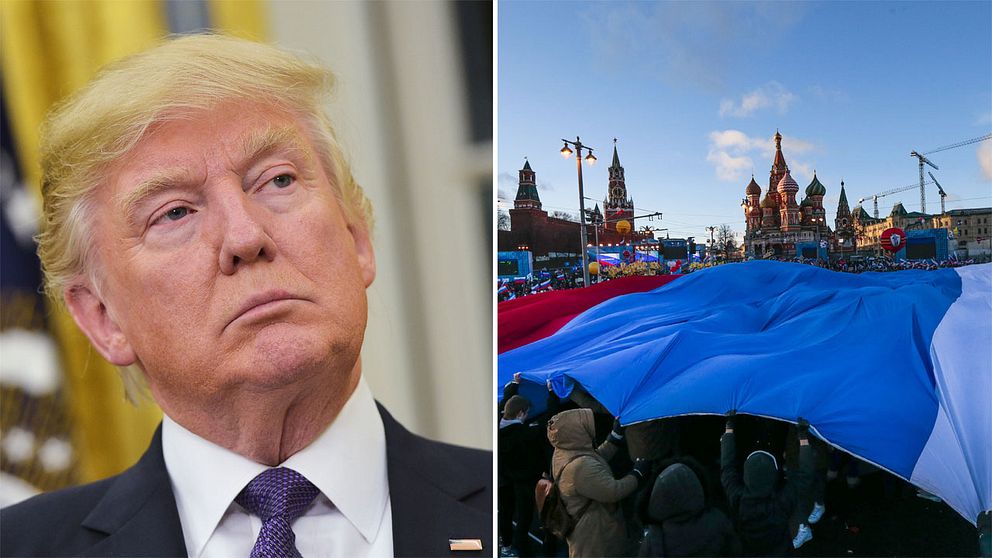 Donald Trump och bild från Röda torget i Moskva.
