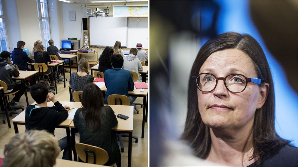 Klassrum och ministern Anna Ekström.