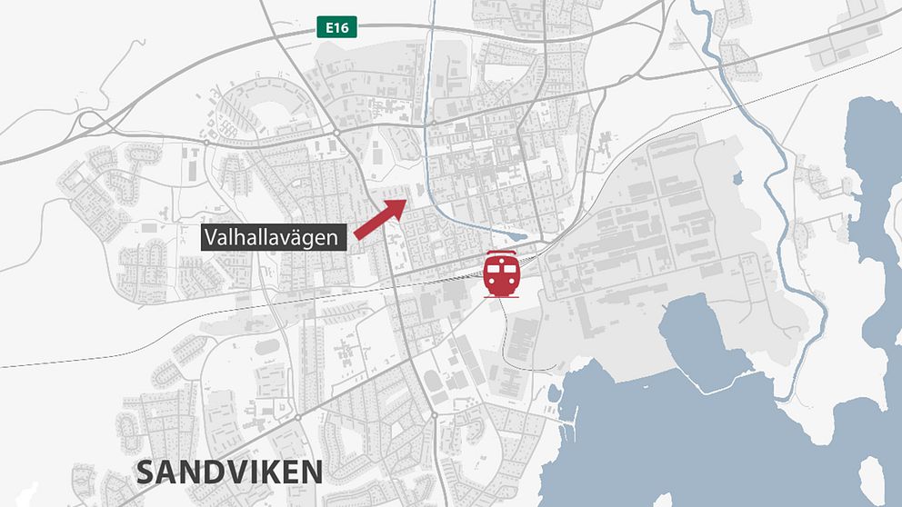 Karta med pil som visar Valhallavägen i Sandviken