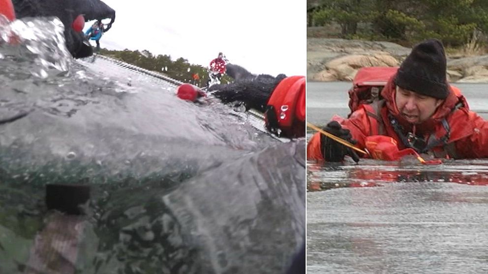 isen sedd från när man har ramlat ner i vattnet. bild till vänster. samma person sedd från land när han försöker ta sig upp ur isvaken.
