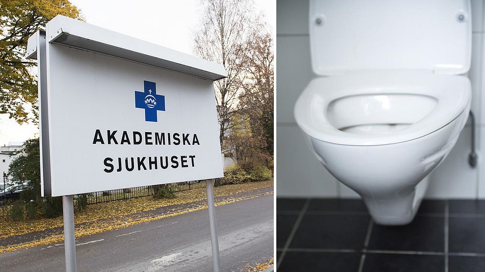 Två bilder. Till vänster en skylt på Akademiska sjukhuset, och till höger en toalettstol.