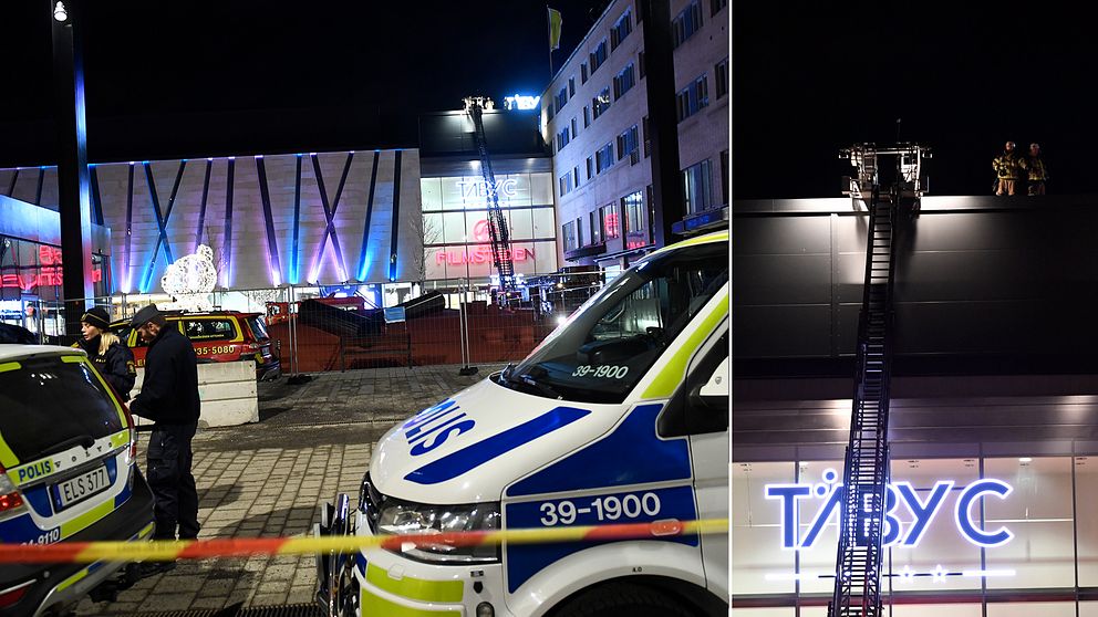 Räddningstjänsten på plats vid Täby centrum norr om Stockholm där en brand bröt ut på gallerians tak på lördagskvällen.