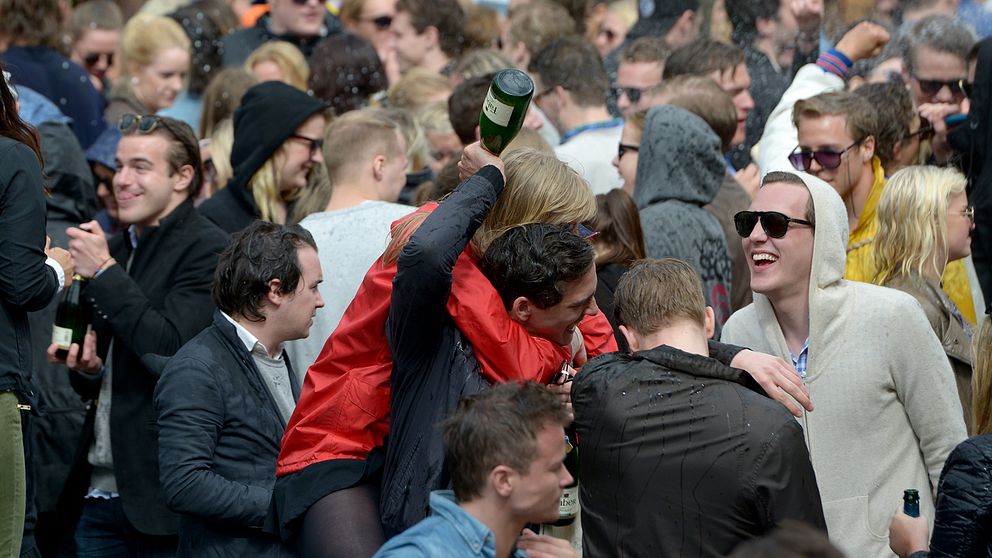 Champagnegalopp på Stockholms nation på sista april i Uppsala.