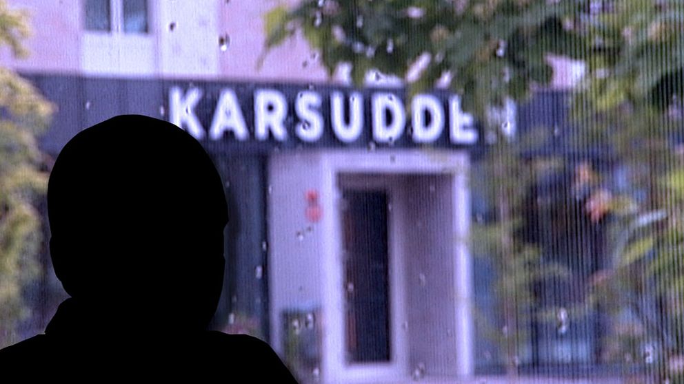Silhuett av mördaren och bakom en bild på Karsuddens sjukhus.