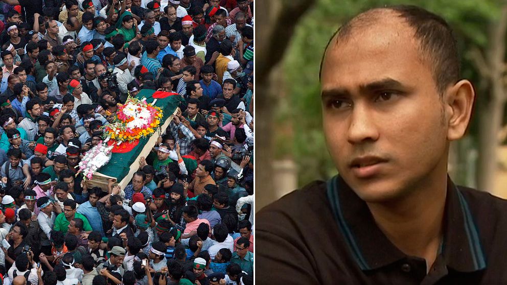Ett begravningståg går genom Dhaka efter mordet på Ahmed Rajib Haider 2013. Nu fruktar den utvisade bloggaren Mishu Dhar att även han ska falla offer för det islamistiska våldet i landet.
