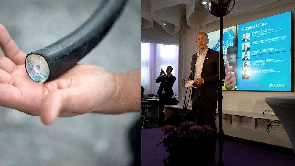 Bild på en fiberkabel och på en man på en presskonferens