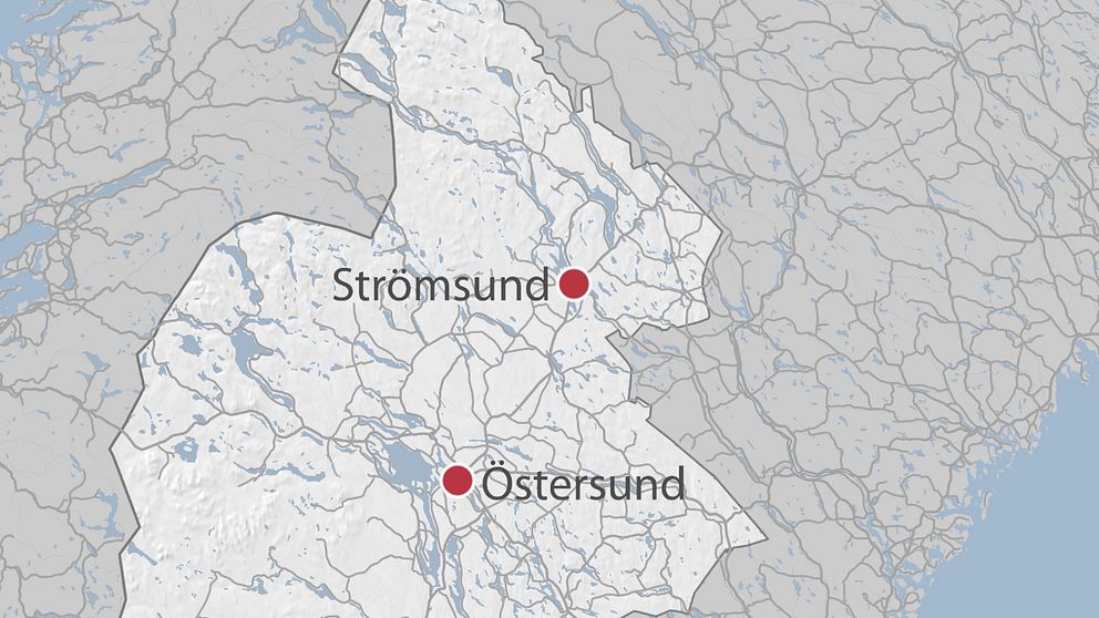 En karta över delar av Jämtland där Strömsund och Östersund är utmarkerade.