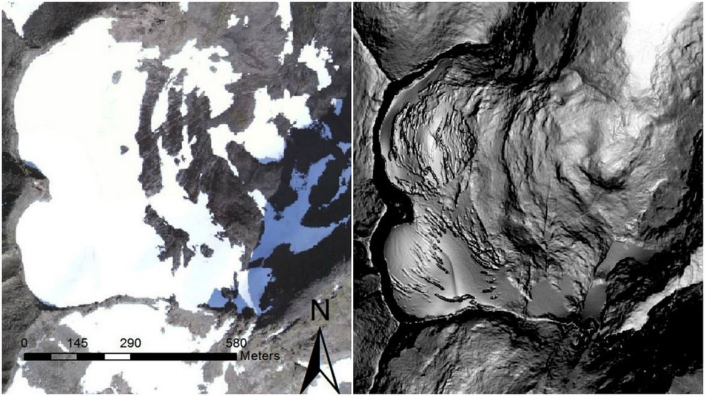 Bilderna visar hur Sylglaciären har minskat. Bilden till vänster är en flygbild tagen 2012, bilden till höger är en laserskannad bild av glaciären. Tittar man noga ser man att glaciärkanten har förflyttat sig västerut mellan åren.