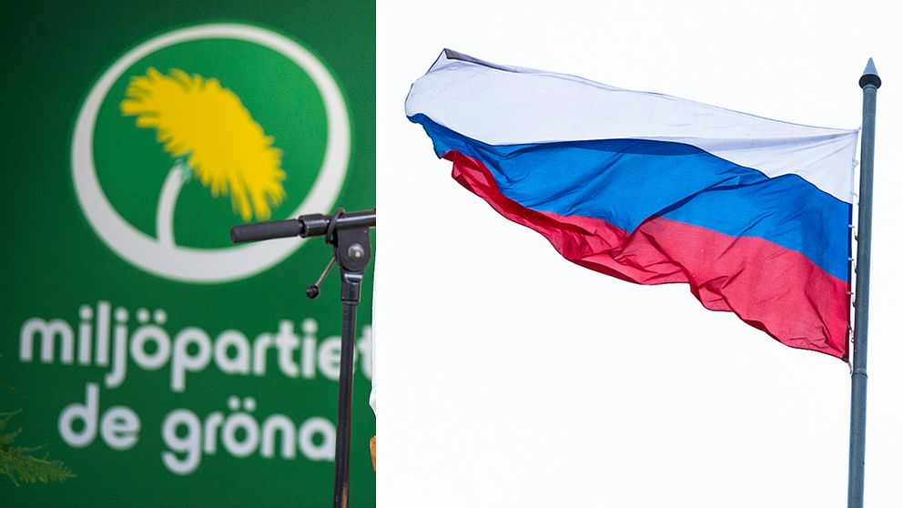 Miljöpartiets logotyp och en rysk flagga.