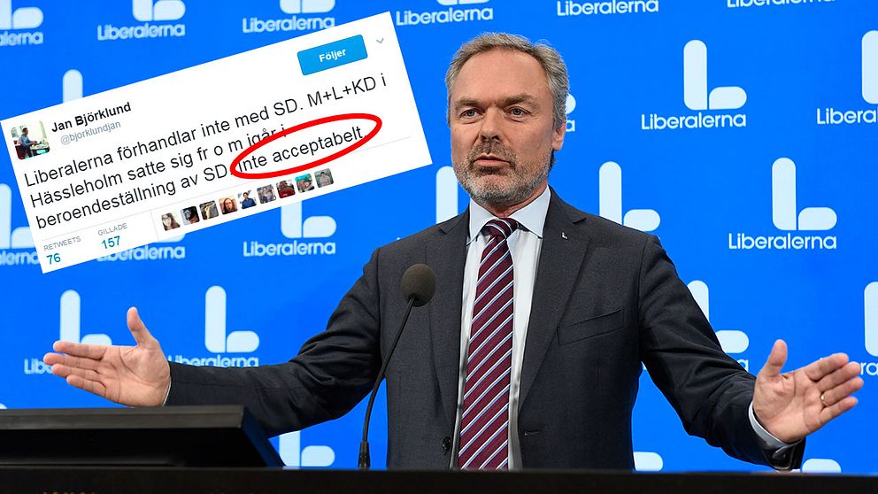 ”Inte acceptabelt” att Moderaterna, Liberalerna och Kristdemokraterna nu är i beroendeställning av Sverigedemokraterna, twittrar Liberalernas partiledare.