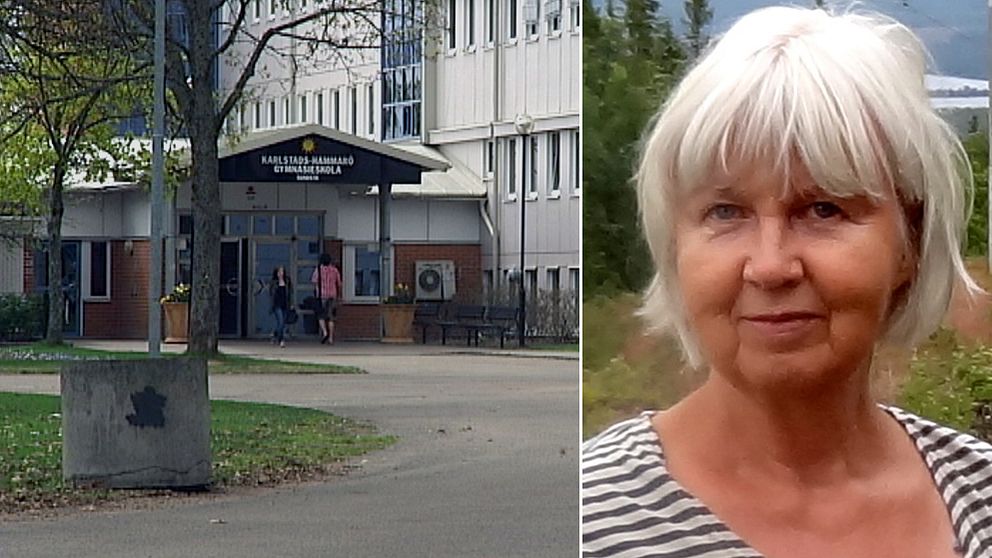 Sundstagymnasiets entre och Gun-Britt Scherp