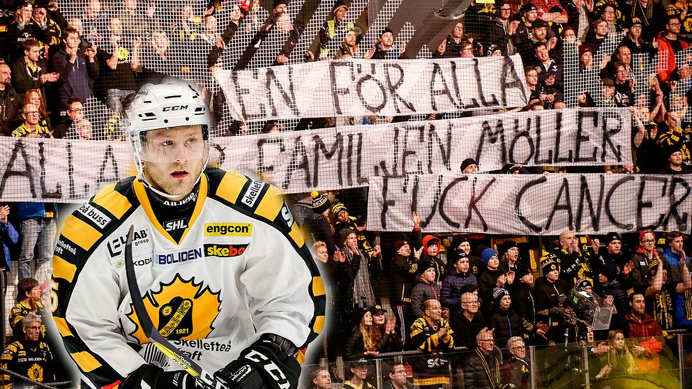 Oscar Möller får stöd från supportrarna på läktaren.