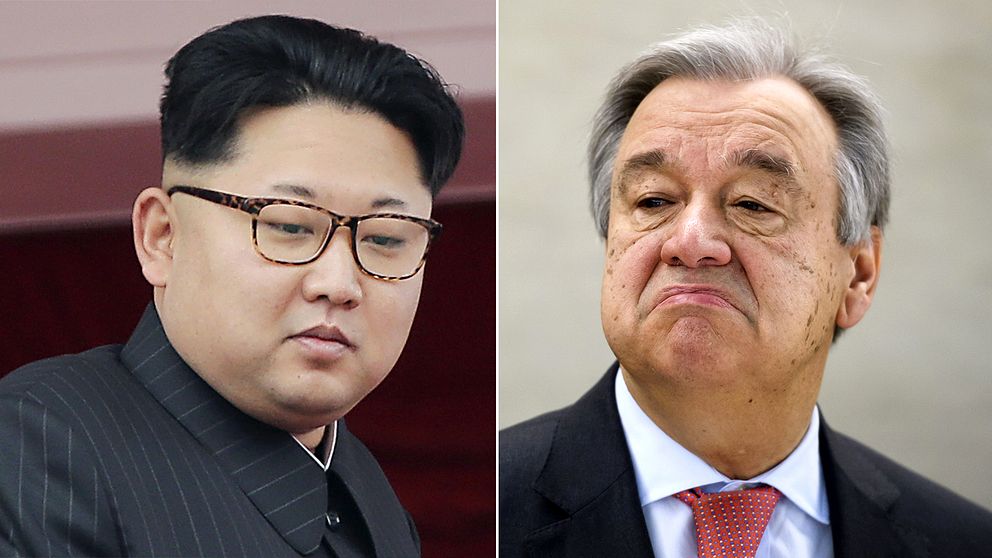 Nordkoreas diktator Kim Jong-Un (till vänster) och FN:s generalsekreterare António Guterres.