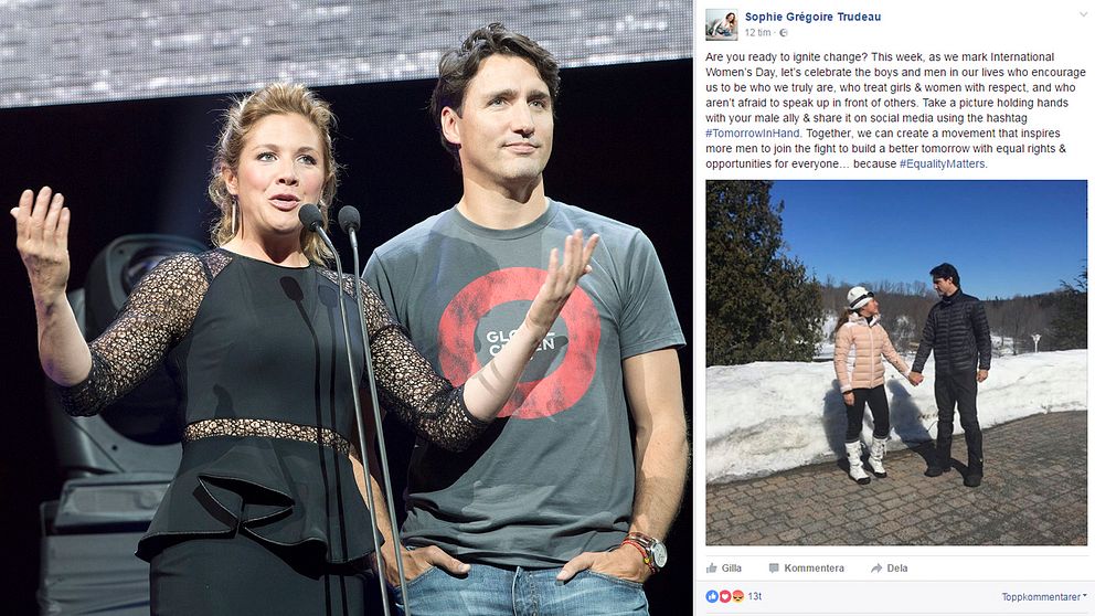 Premiärministern i Kanada, Justin Trudeau, lyssnar till vad hans hustru Sophie Grégoire säger vid en konsert i Montreal – hennes senaste uttalande på sociala medier (till höger) inför internationella kvinnodagen har väckt ilska.