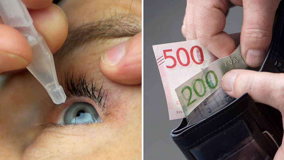 Ögondroppar i öga och sedlar i en plånbok