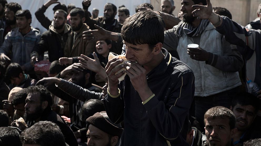 Det utbryter kaos när mat delas ut till de som flytt Mosul. Flera av de flyende svälter och har inte ätit på flera dagar.